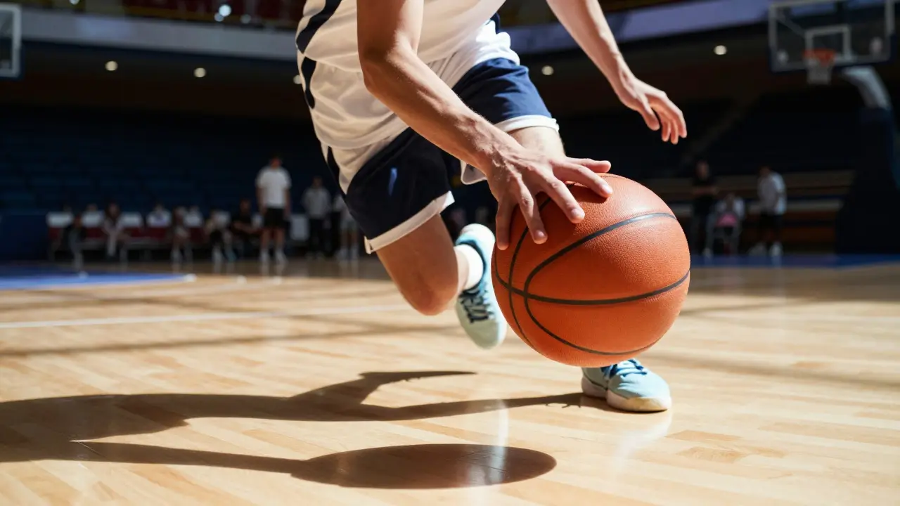 Basketbalista dribluje oranžový míč v hale s ostrým záběrem na ruku