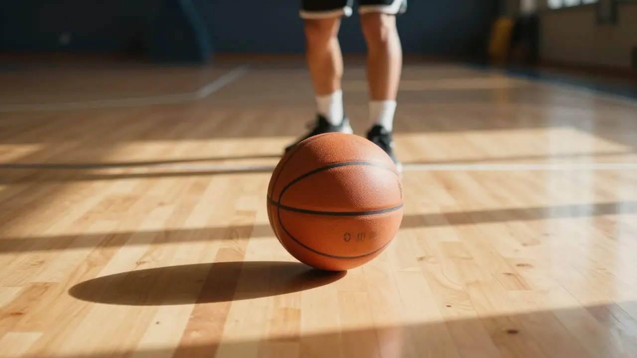 Basketbalový míč odrazující se z parketu při testu tlaku