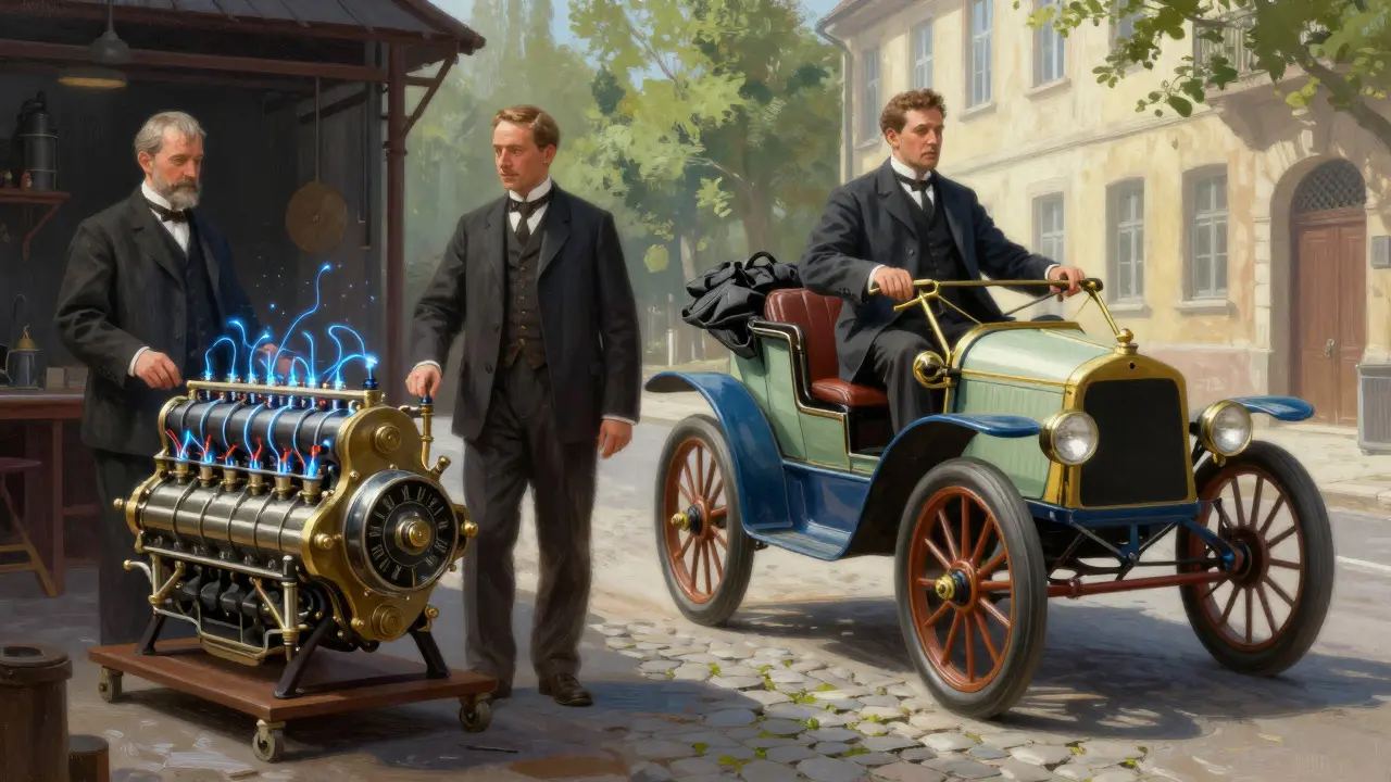 Benzův Patent-Motorwagen a Daimlerův motor na historické ulici