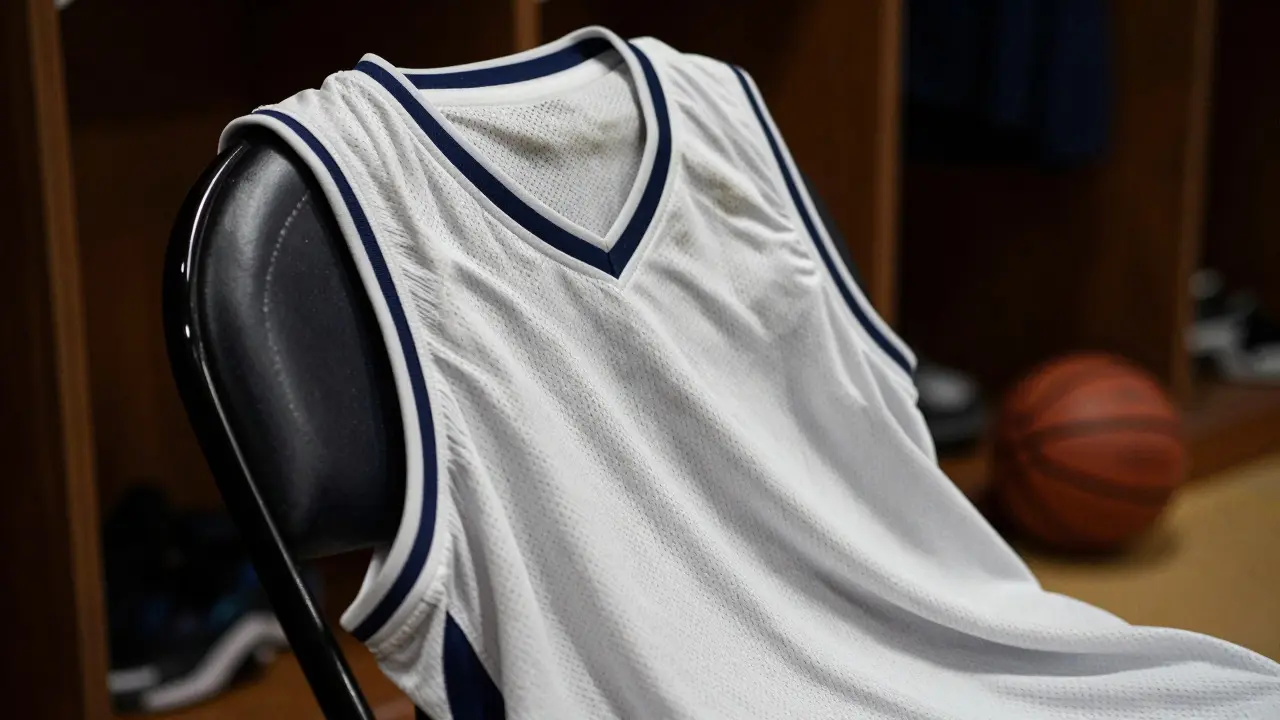 Detailní záběr na basketbalový dres v šatně s míčem na zemi