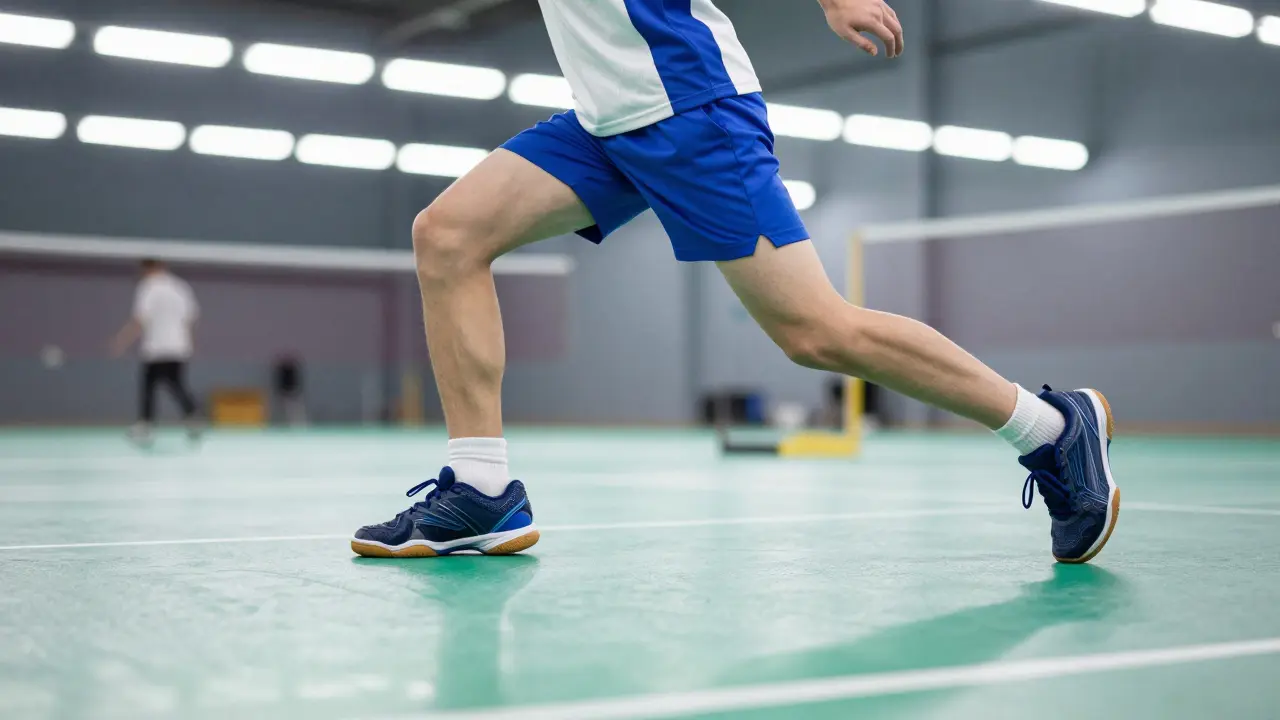 Hráč na badmintonu v akci s důrazem na speciální obuv