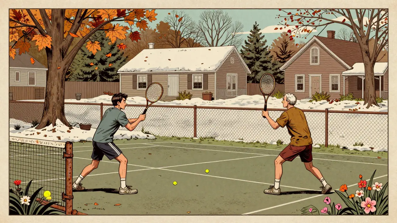 Ilustrace dvou bratrů hrajících tenis přes tři roky v zahradě