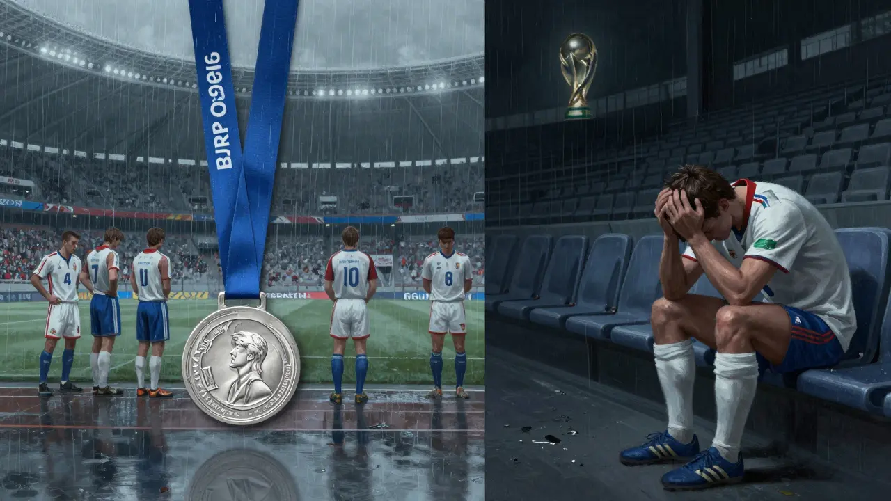 Smutek českých fotbalistů po prohře ve finále Evropského šampionátu a nepostupu na MS.
