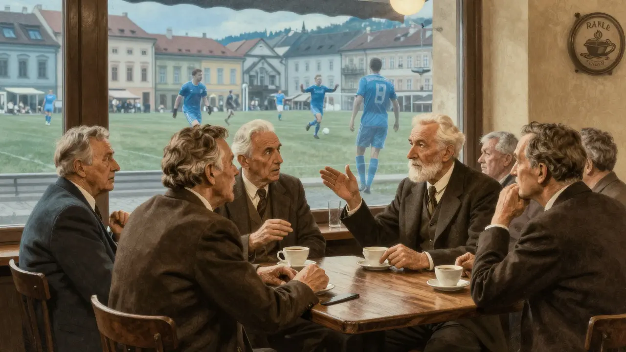 Starší muži v kavárně v Karlových Varech diskutují o fotbale