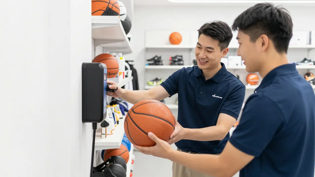 Zaměstnanec sportovního obchodu nafukuje basketbal zákazníkovi