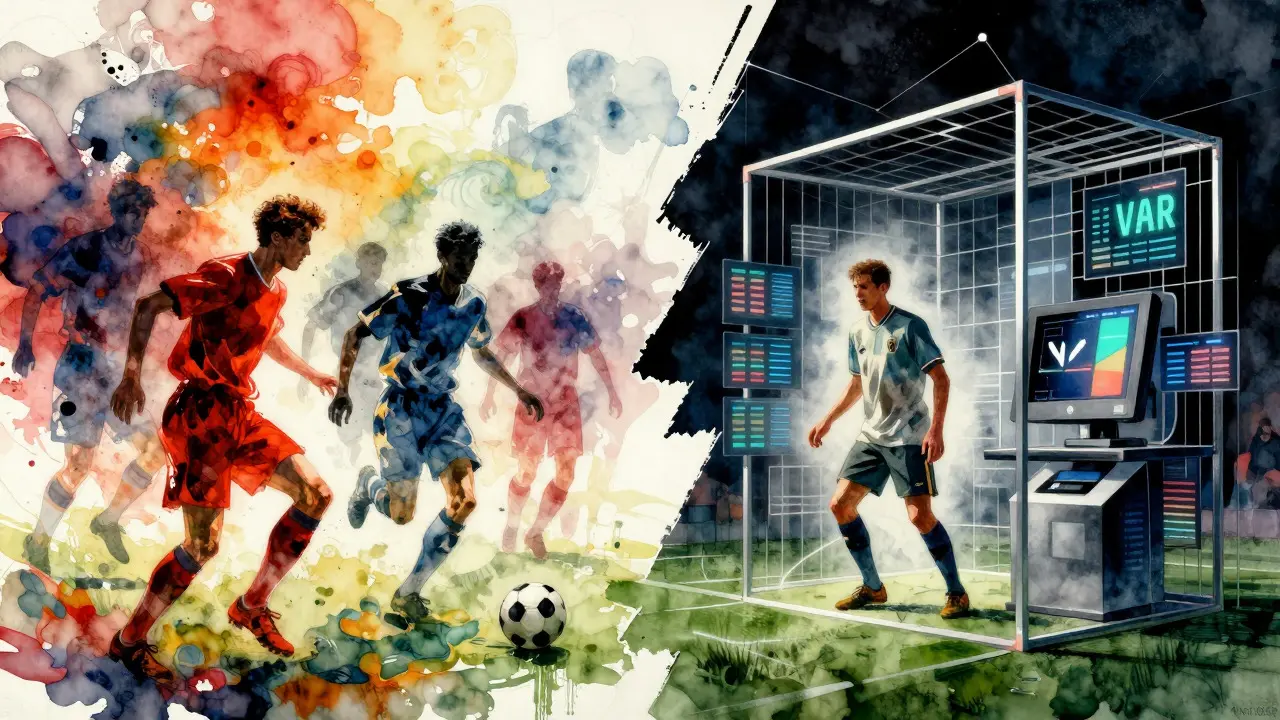 Abstraktní rozdělení mezi barevnou romantikou minulosti a chladnou moderní taktikou.