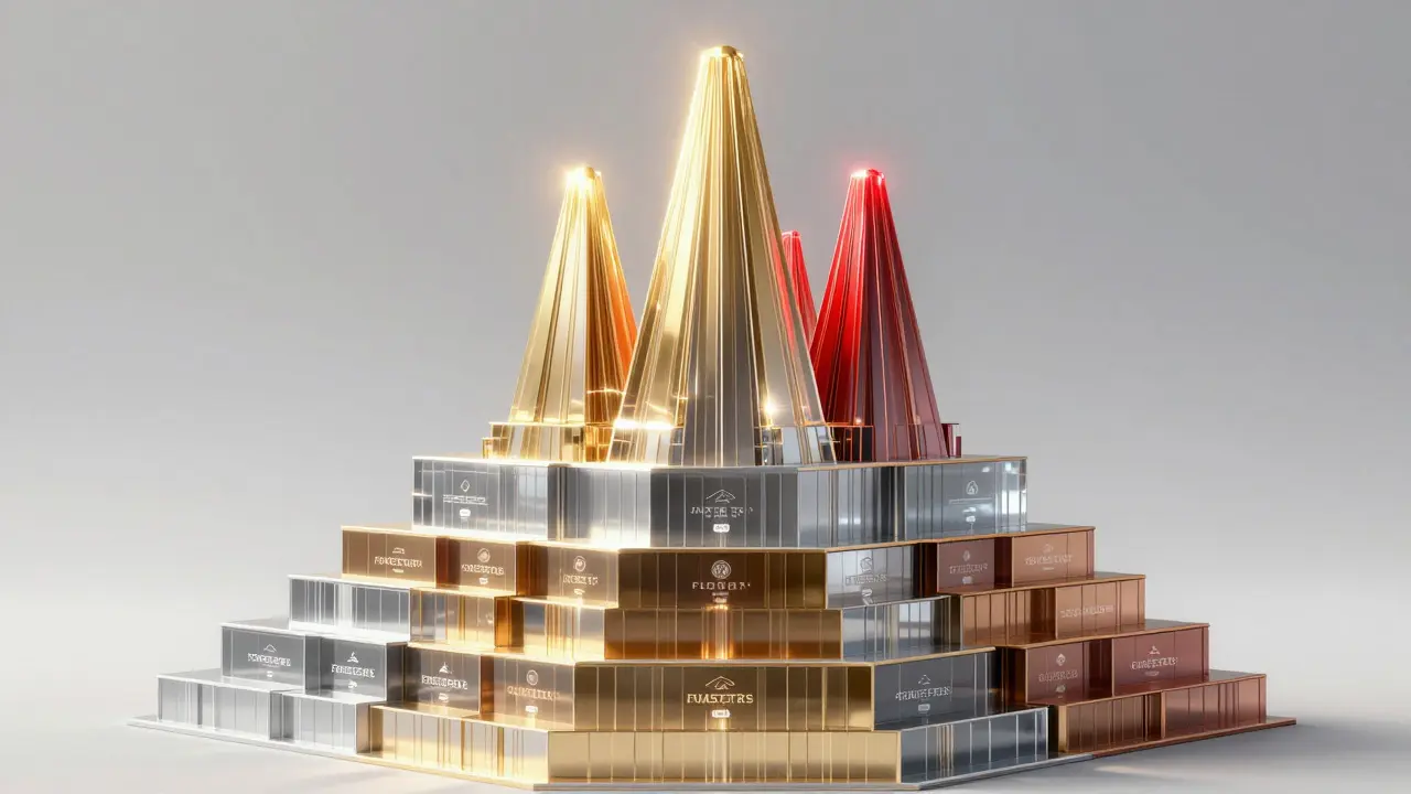 Abstraktní vizualizace hierarchie tenisových turnajů jako světelné pyramidy