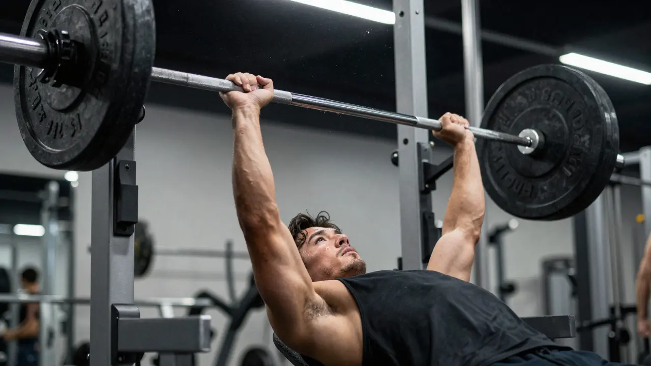 Atlet provádí těžký bench press s činkou v posilovně