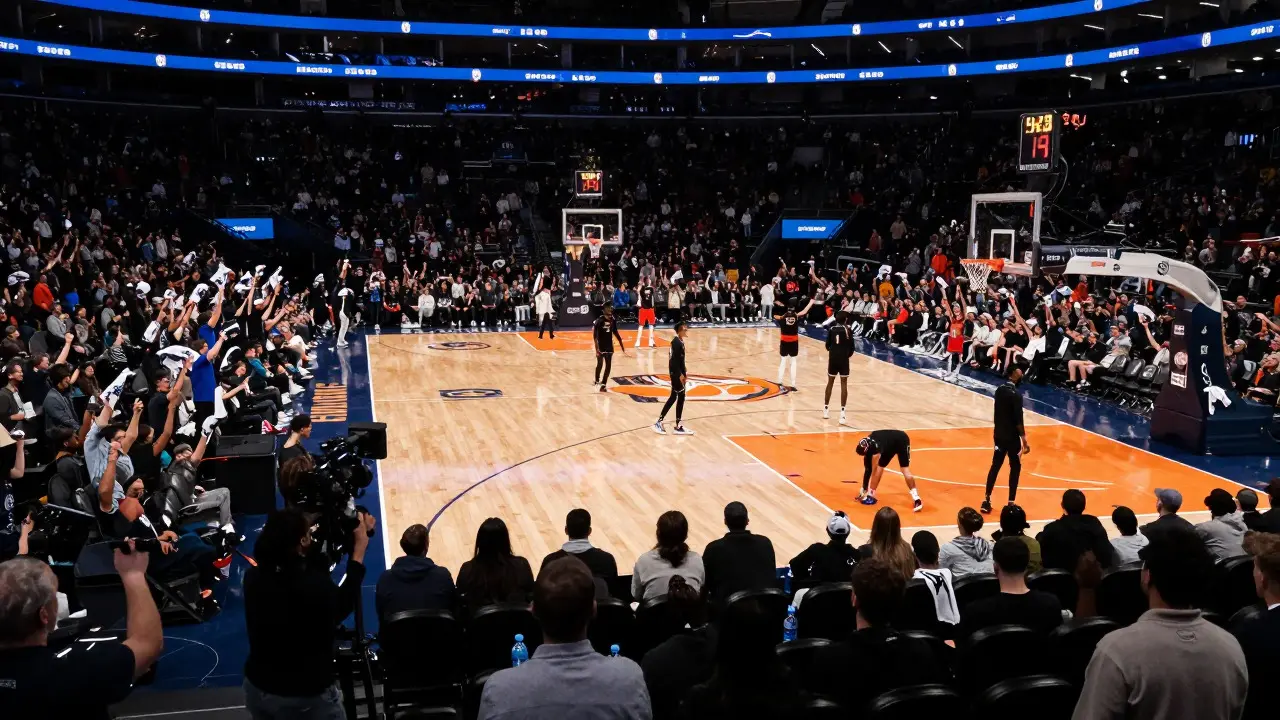 Crowded NBA arena during a break between quarters