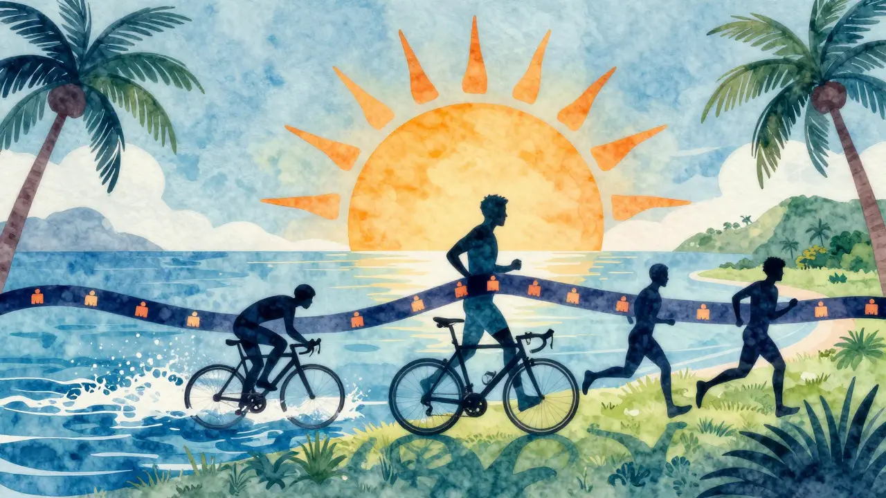 Konceptuální ilustrace duchovní síly a komunity závodu Ironman