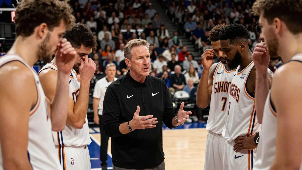 NBA coach strategizing with players during a timeout