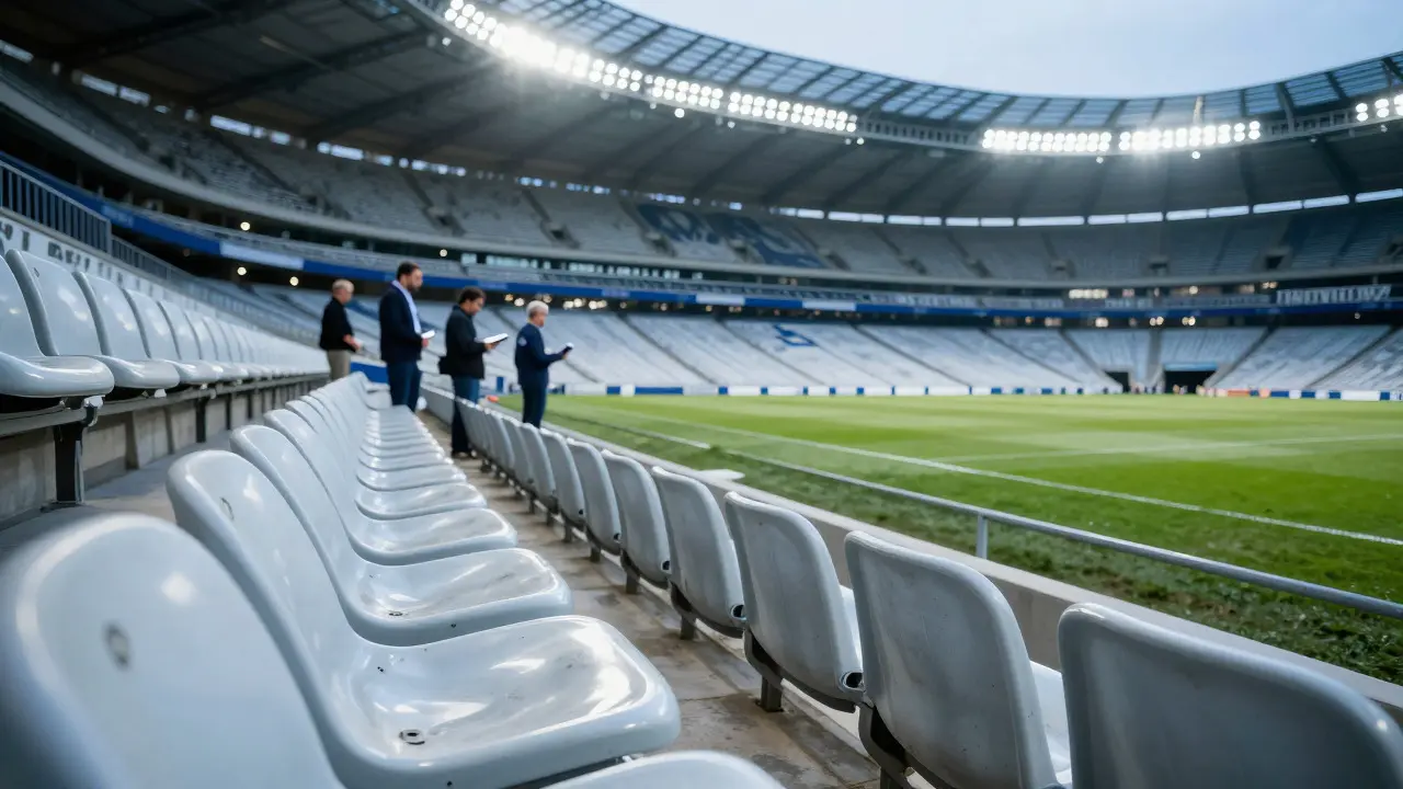 Prázdné sedadlo ve velkém stadionu s chladným osvětlením a analytiky v pozadí.