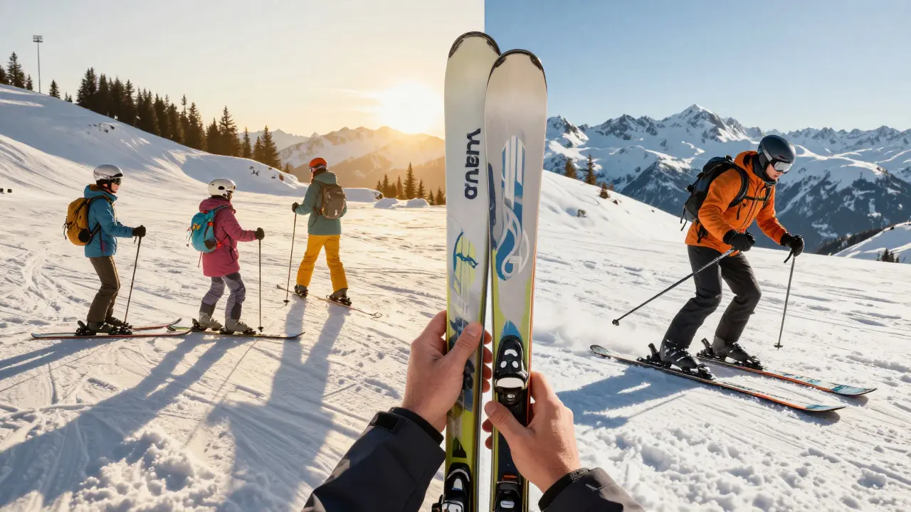 Rozdílné styly lyžování: rodinná jízda versus freeride ve sněhu