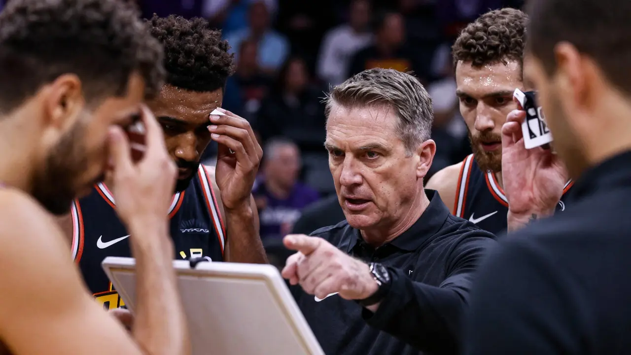 Trenér vysvětluje taktiku hráčům během timeoutu v NBA