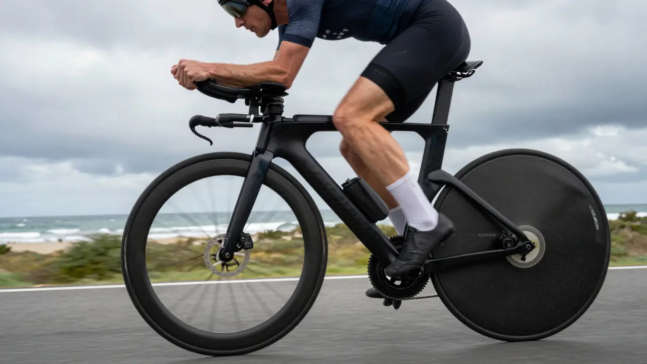 Triatlonista jezdící proti větru s aerodynamickým kolem