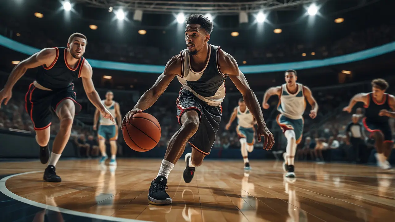 Basketbalista v akci s nízkým postojem hledá spoluhráče při rychlém útoku.