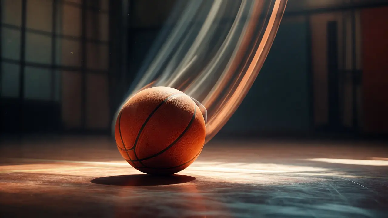 Basketbalový míč v okamžiku odrazu od parketové podlahy