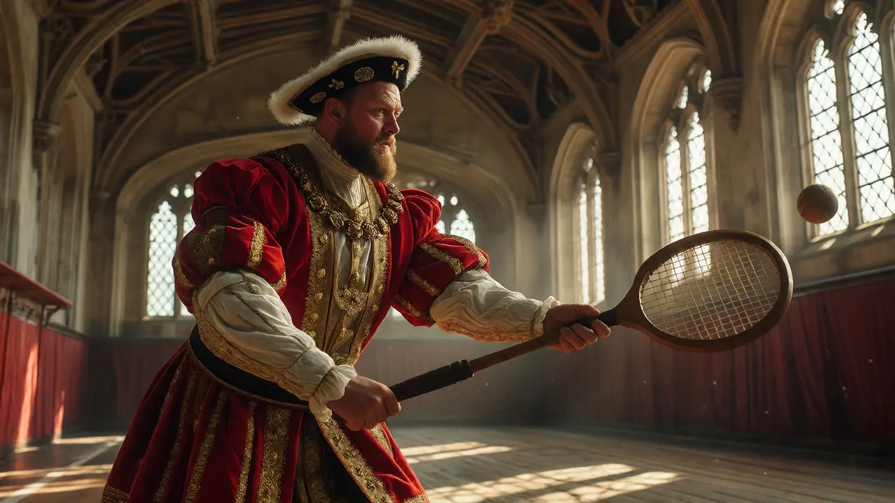Karel VIII. v královském oblečení hraje tenis uvnitř Hampton Court Palace.