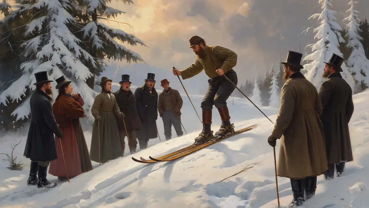 Norvský instruktor předvádí lyžování překvapeným Čechům na Šumavě 1895