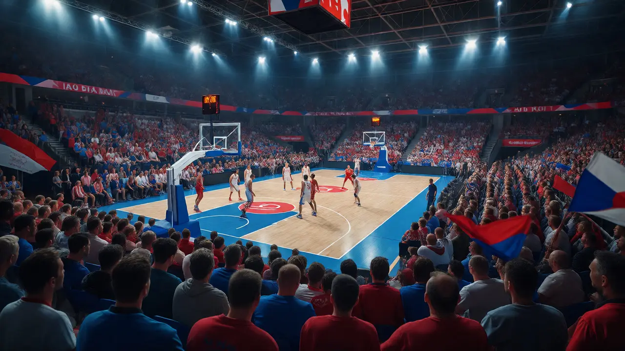 Plná hala fanoušků sleduje intenzivní basketbalový zápas v evropské hale.