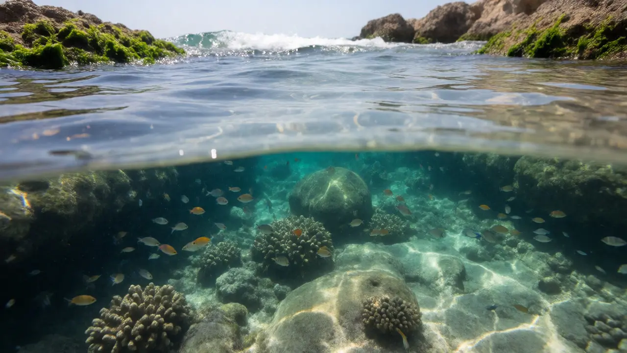 Podmořský svět u Fig Tree Bay s rybami a skalami pod hladinou