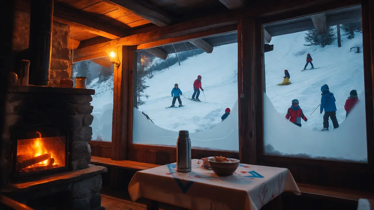 Pohled z útulné horské chaty v Jeseníkách na rodiny lyžující venku v mírném svahu.