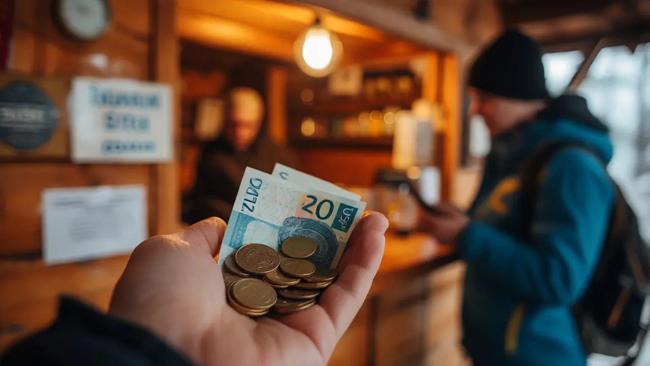 Ruka držící hotovost v polských zlotých u stánku v horském středisku