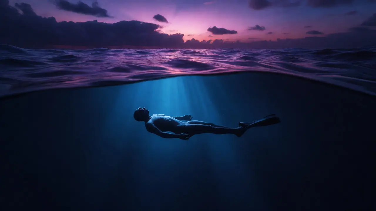 Freediver v hlubinách oceánu při soumraku