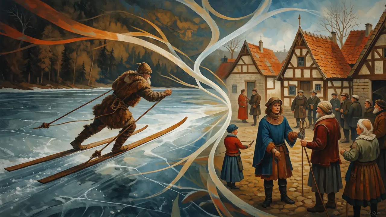 Konceptuální ilustrace vývoje slova a lyží od Vikingů po středověk