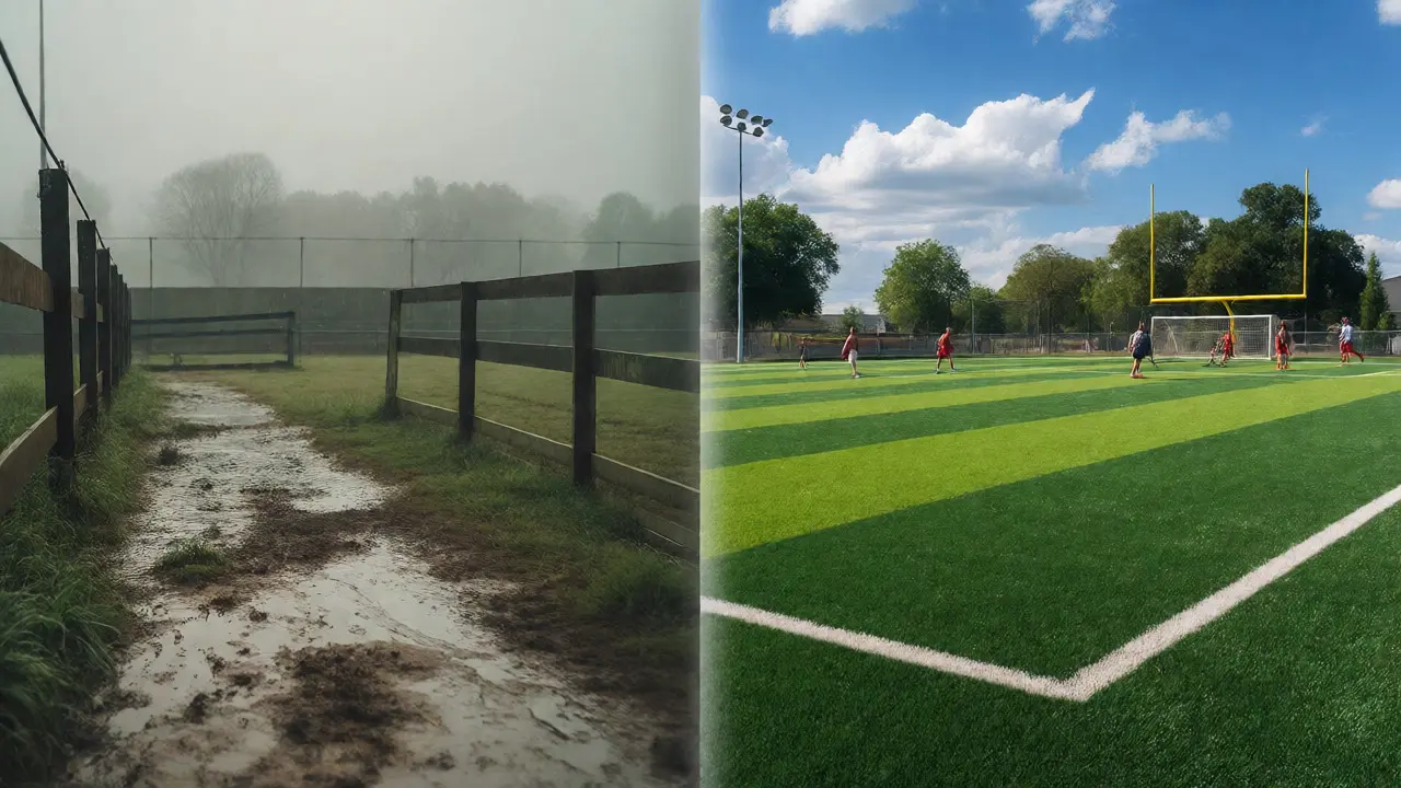 Rozdělený obraz evropského hřiště a amerického soccer fieldu