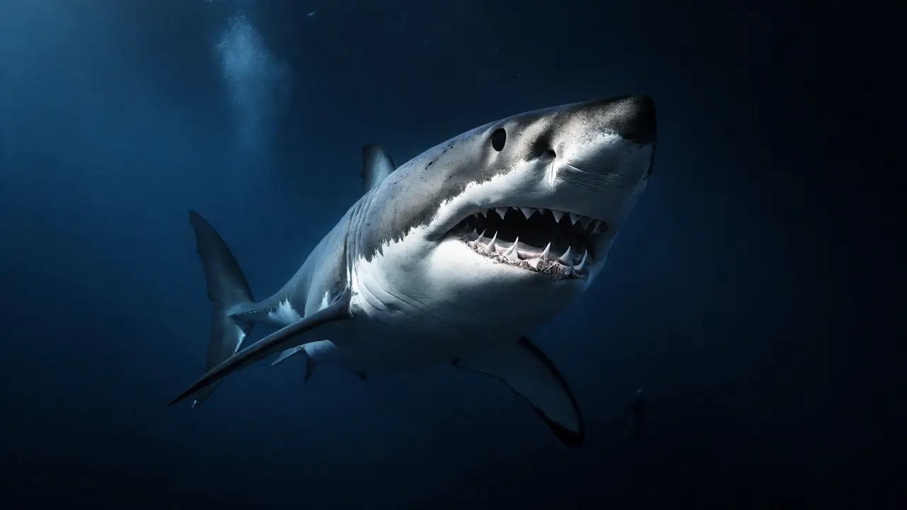 Velký bílý žralok v hlubokém oceánu u Austrálie